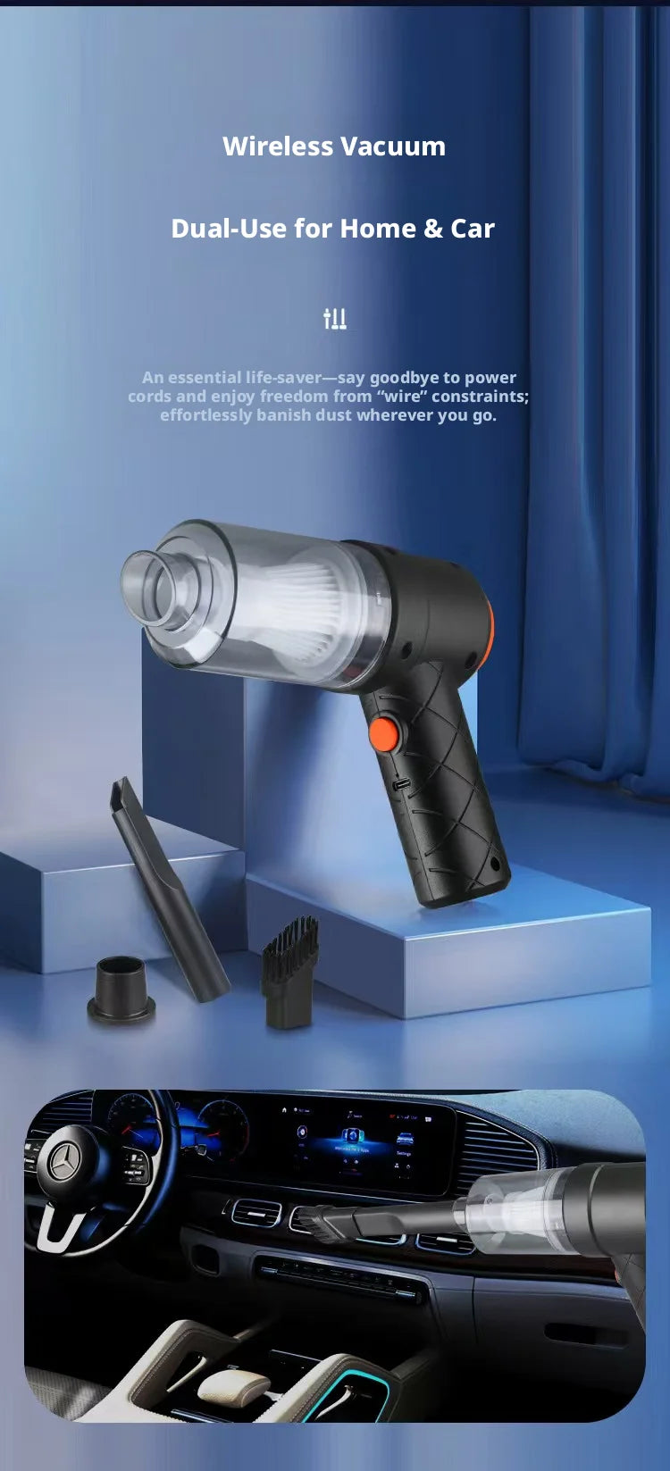 2-in-1 Cordless Car Vacuum & Air Duster Portable Rechargeable for Car & Home