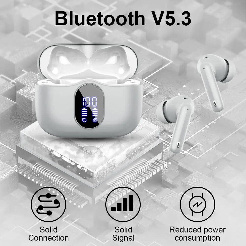 Wireless Earbuds with Bluetooth 5.3, In-Ear Headphones Featuring 4 ENC Mics and 36 Hours of Playtime, LED Display Included.