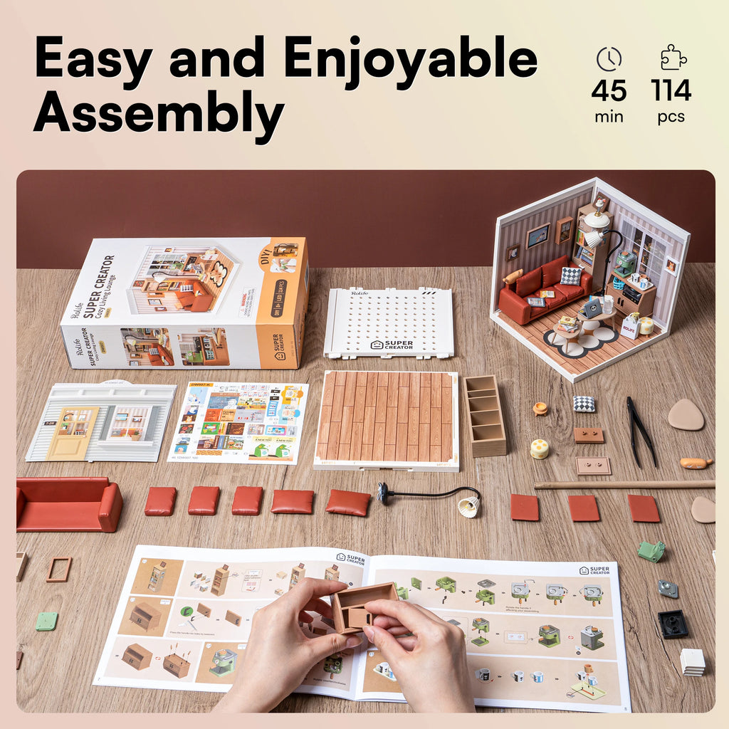 Robotime Rolife Cozy Living Lounge DIY Miniature House Kit 3D Puzzle Building Blocks Gift Adults Kids