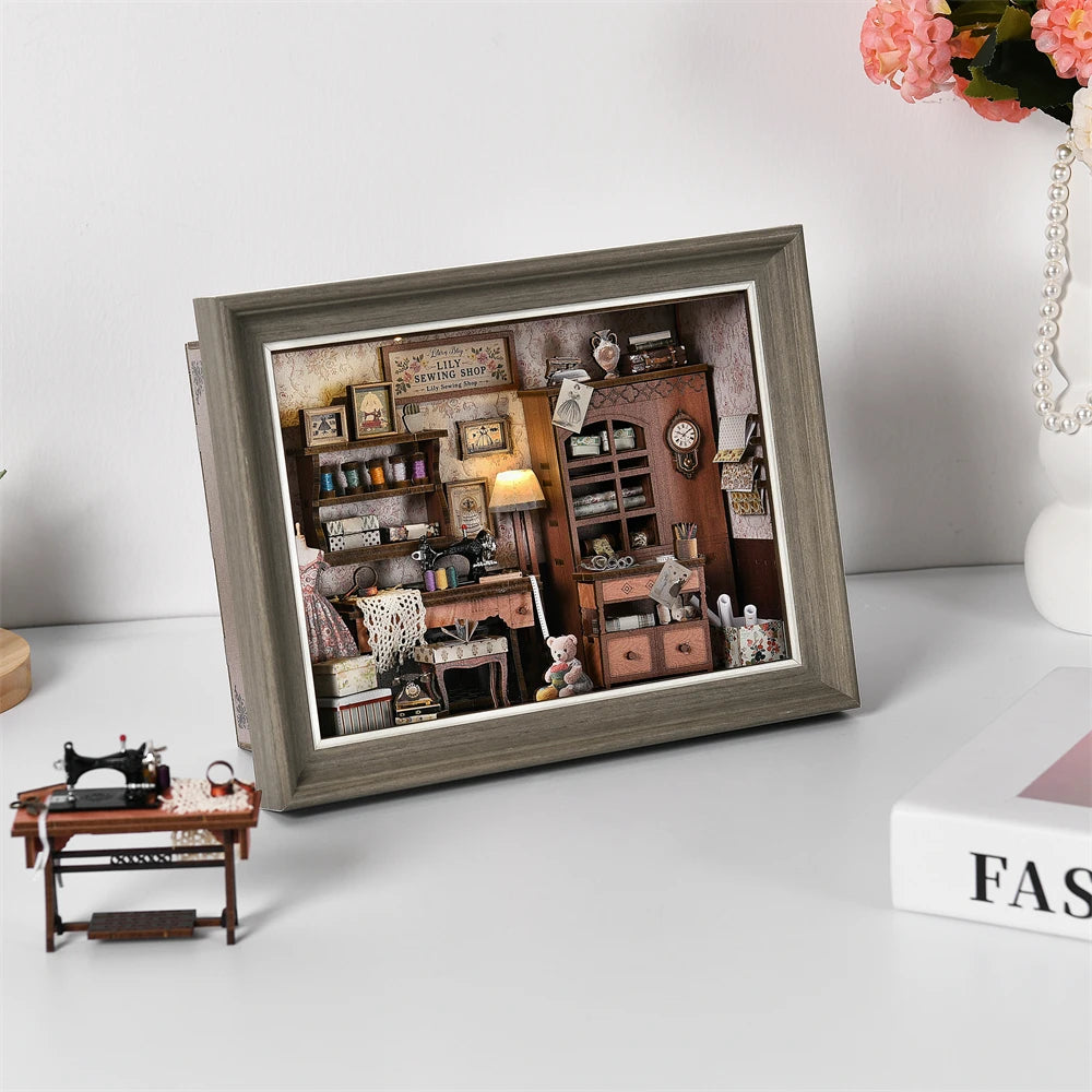 Robotime Book Nook Kit Tailor's Shop DIY Wooden Puzzle Bookshelf Insert Decor Gift for Adults Teens