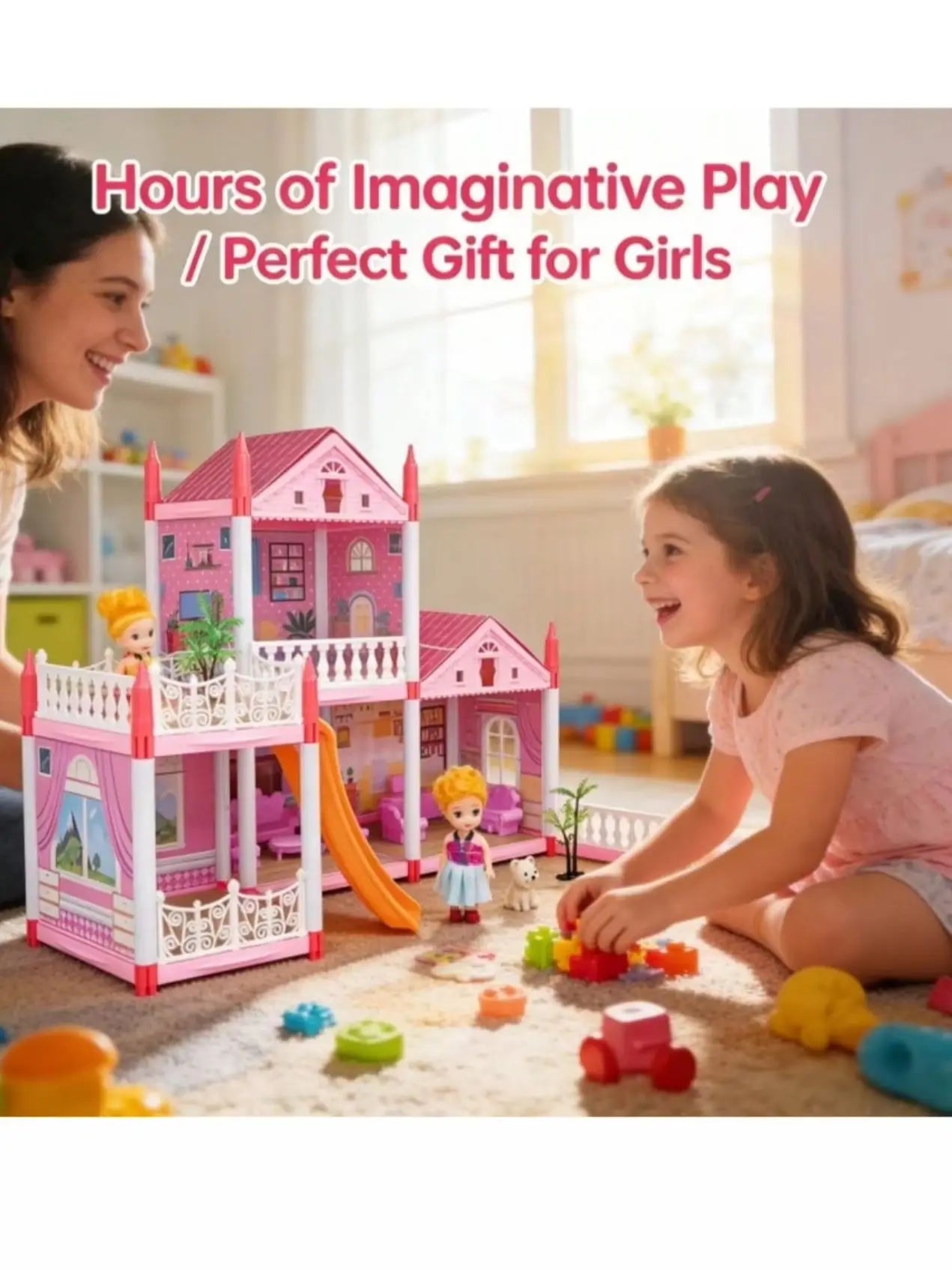 Children's Day Best Gift Princess Castle Dollhouse Playset, DIY Pink 4-Room House with Slide & Dolls, Creative Pretend Play Toy for Girls Ages 3-12