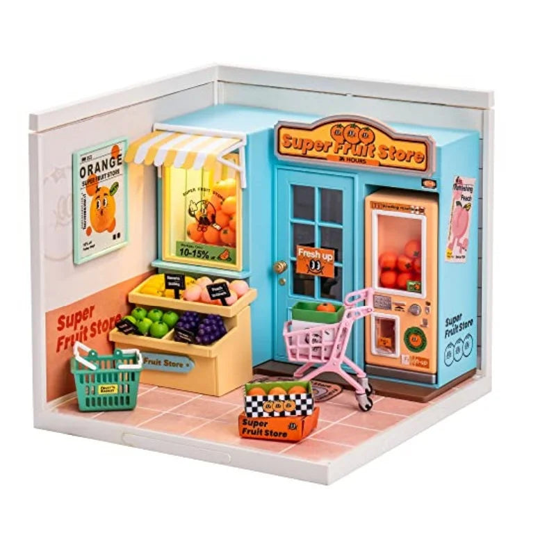 Robotime Mini Dollhouse Kit 1:20 Fruit Store Cafe with LED Lights DIY Gift for Teens Adults