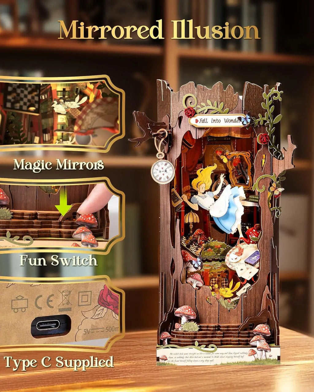Robotime Book Nook Kit Fall into Wonder DIY Miniature Bookshelf Insert with Lights 3D Puzzle Gift