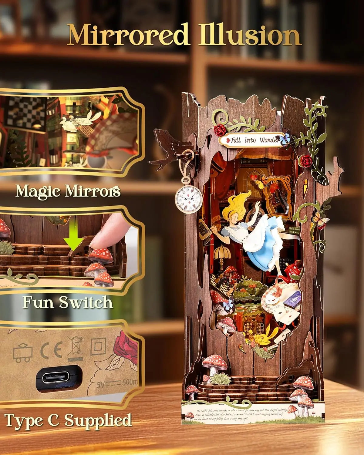 Robotime Book Nook Kit Fall into Wonder DIY Miniature Bookshelf Insert with Lights 3D Puzzle Gift