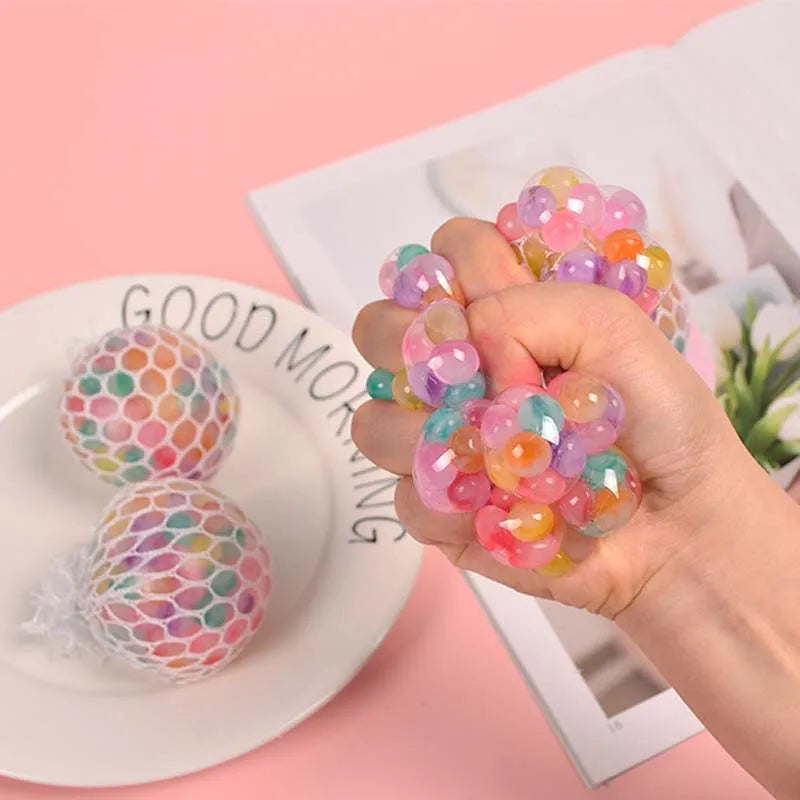 Squeeze Mesh Ball Toy Ball Stress Relief Fidget Toy Colorful Beads Inside Soft Squishy Ball For Adults Funny Decompression Toys