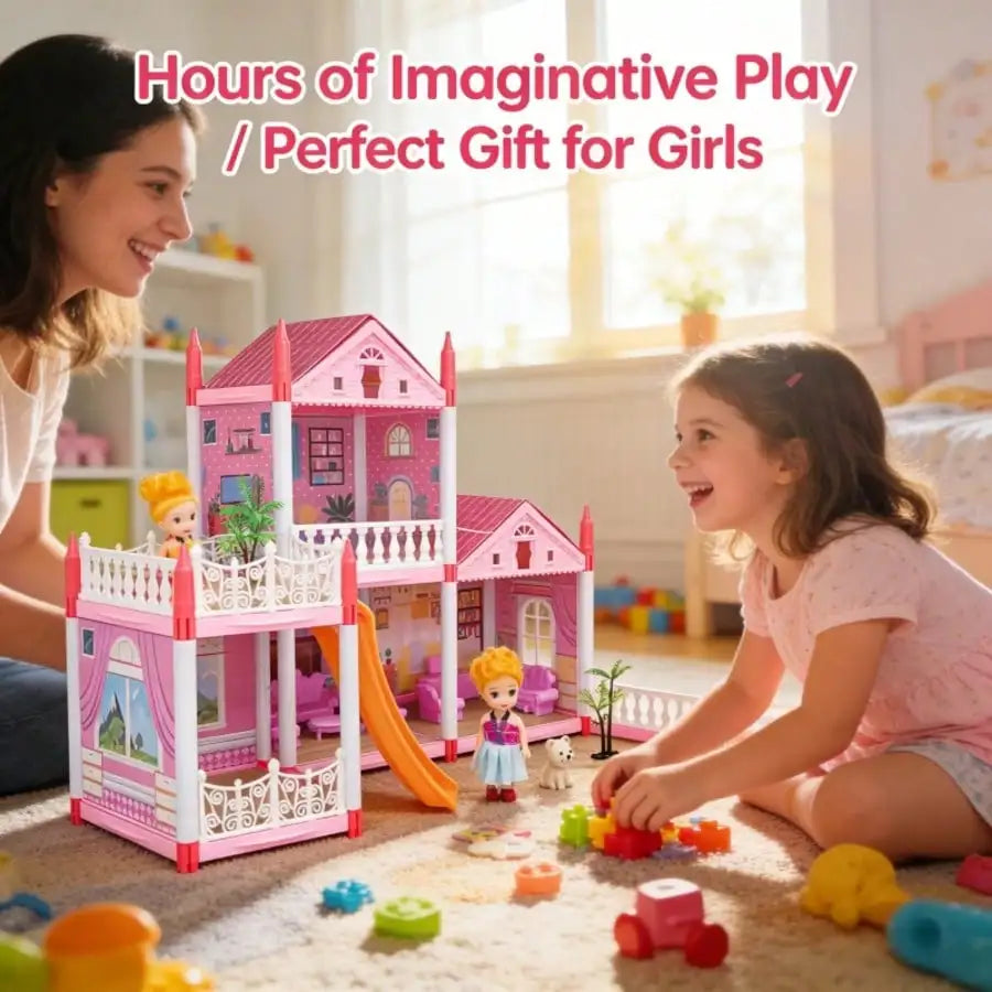 Children's Day Best Gift Princess Castle Dollhouse Playset, DIY Pink 4-Room House with Slide & Dolls, Creative Pretend Play Toy for Girls Ages 3-12
