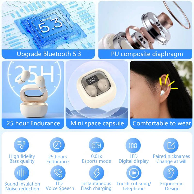 SHUKE SK19 Mini Invisible Earbuds Bluetooth 5.3 – Sleep & Sport, IPX5 Waterproof, 480H Standby