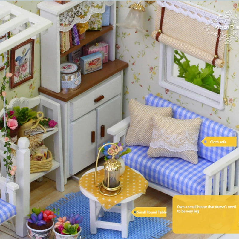 Kitten Mini Dollhouse 3D Puzzle Assembly Kit Creative Bedroom Decor with Furniture Wooden Craft Gift