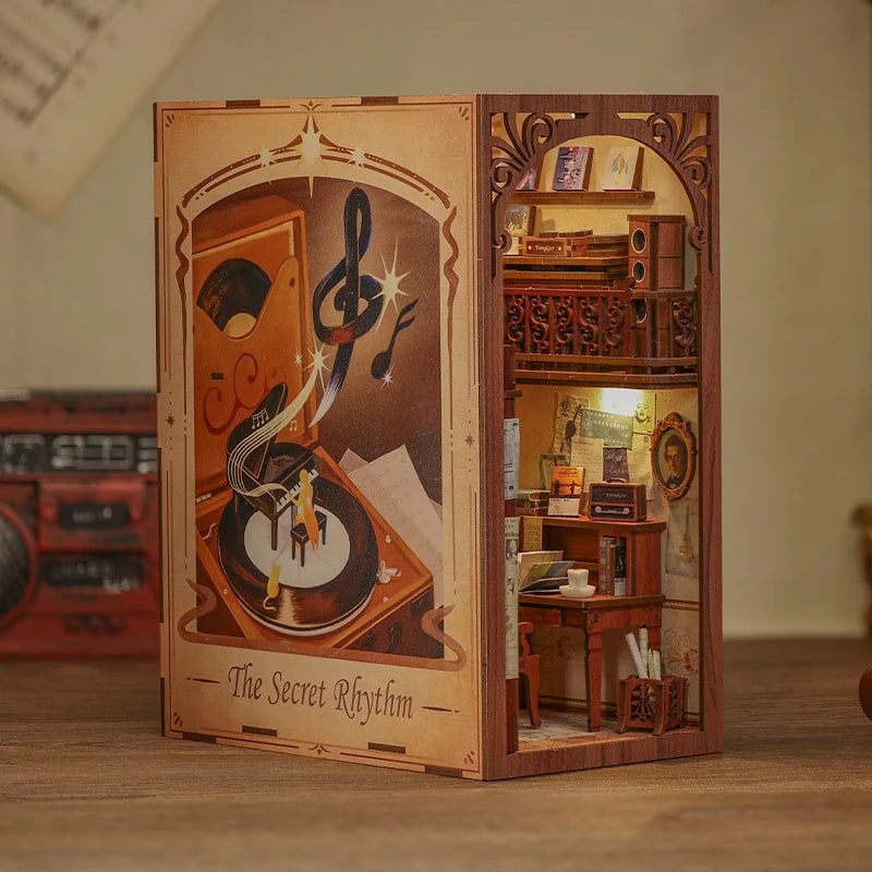 CUTEBEE Book Nook Kit Secret Rhythm DIY Miniature Dollhouse Bookshelf Insert Touch Light Dust Cover Gift
