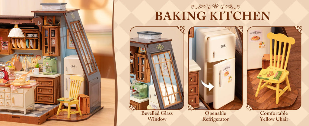 Robotime Rolife Baking Kitchen DIY Miniature Dollhouse Kit DG172 Gift for Women Girls Craft Hobby