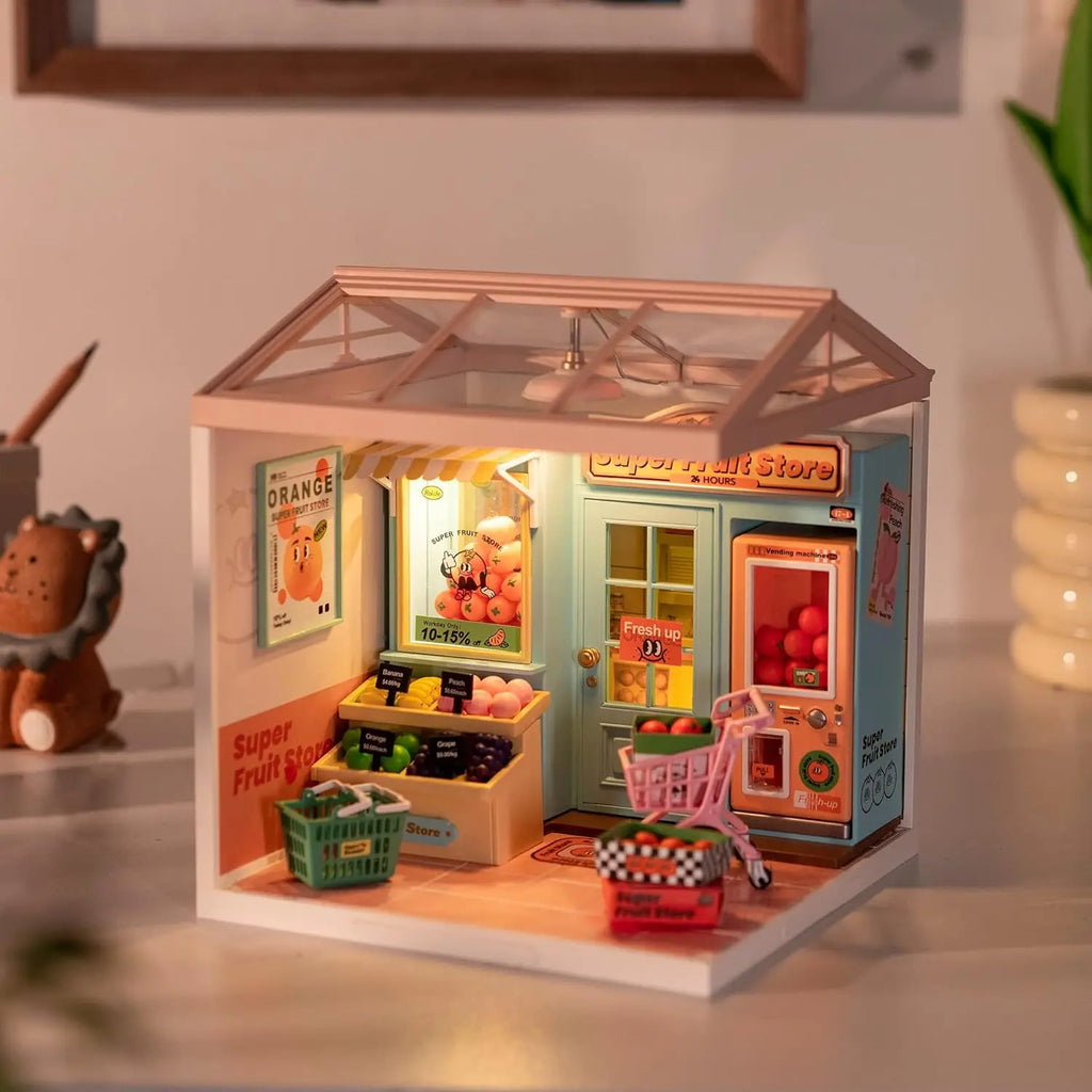Robotime Mini Dollhouse Kit 1:20 Fruit Store Cafe with LED Lights DIY Gift for Teens Adults