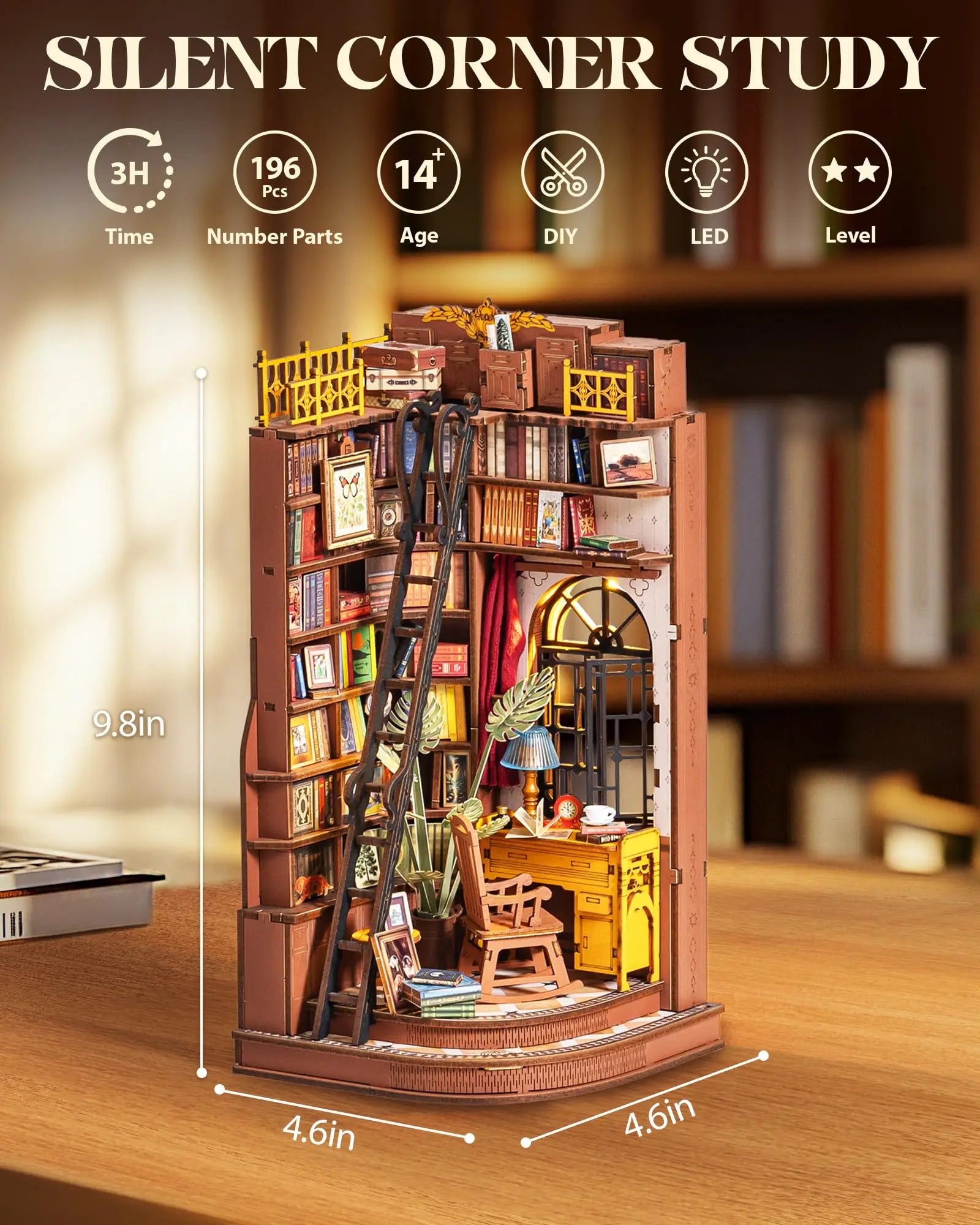 Robotime Book Nook Kit British Library DIY Vintage Bookshelf Diorama Decor Relaxation Gift Teens Adults