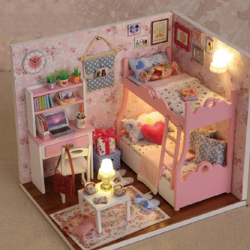 Kitten Mini Dollhouse 3D Puzzle Assembly Kit Creative Bedroom Decor with Furniture Wooden Craft Gift