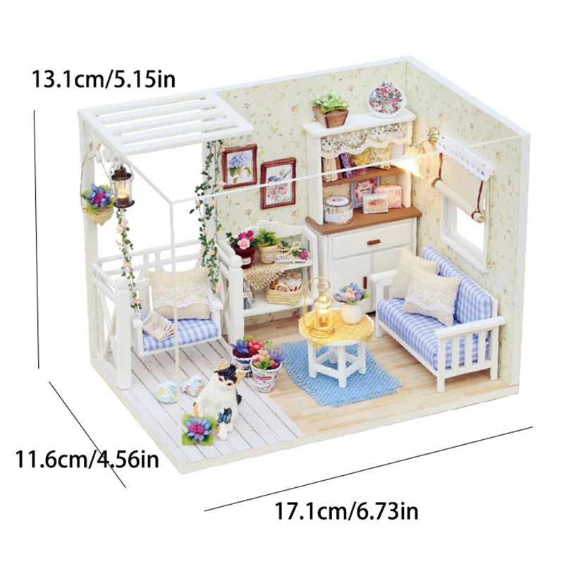 Kitten Mini Dollhouse 3D Puzzle Assembly Kit Creative Bedroom Decor with Furniture Wooden Craft Gift