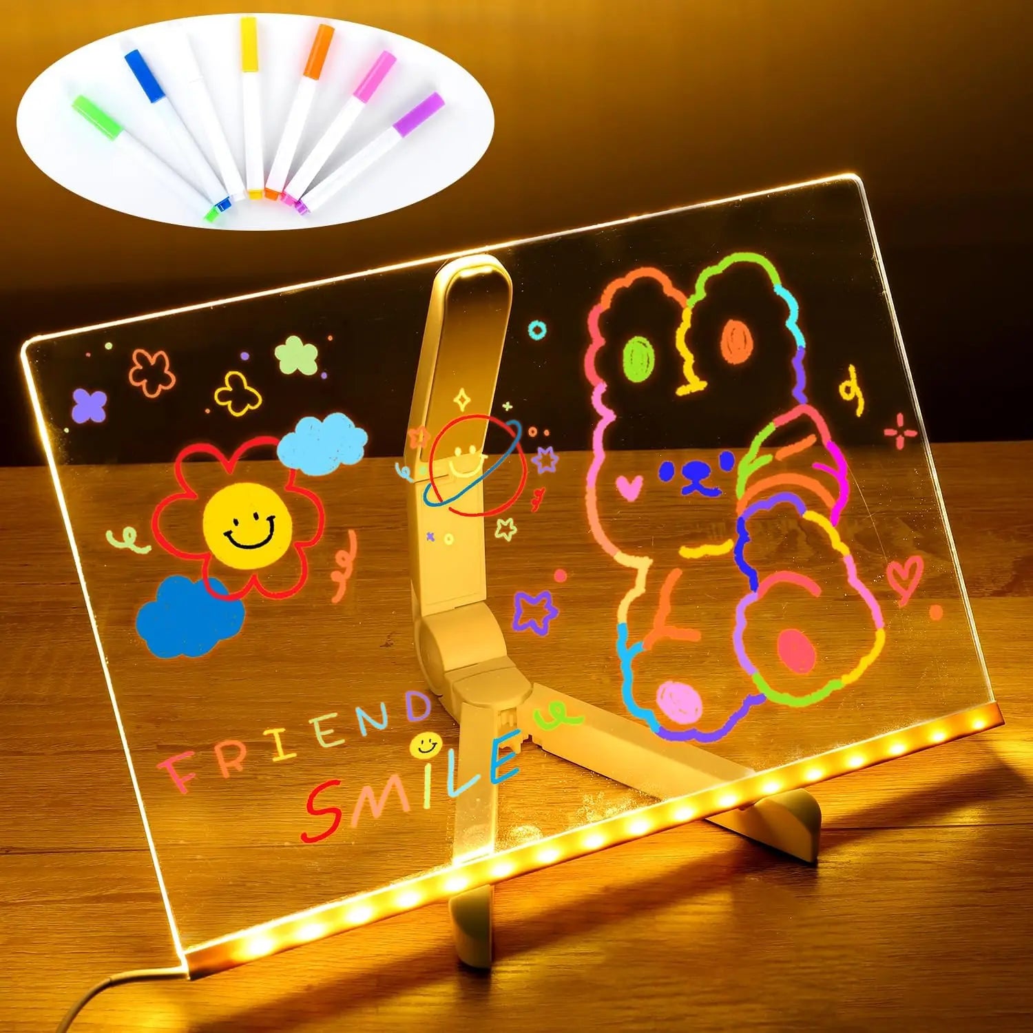 DIY LED Note Board With Night Light Colorful 7 Pens Acrylic Message Board Children‘s Drawing Board For Kids Birthday Gift