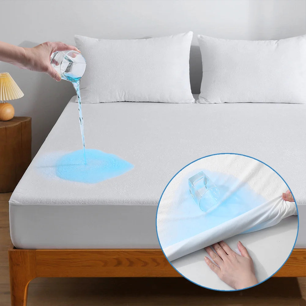 1pc Soft Terry Cloth Waterproof Elastic Fitted Sheet, Breathable Terry Mattress Protector Knitted Bed Cover with Deep Pocket