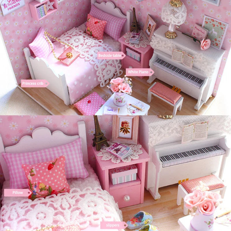 Kitten Mini Dollhouse 3D Puzzle Assembly Kit Creative Bedroom Decor with Furniture Wooden Craft Gift