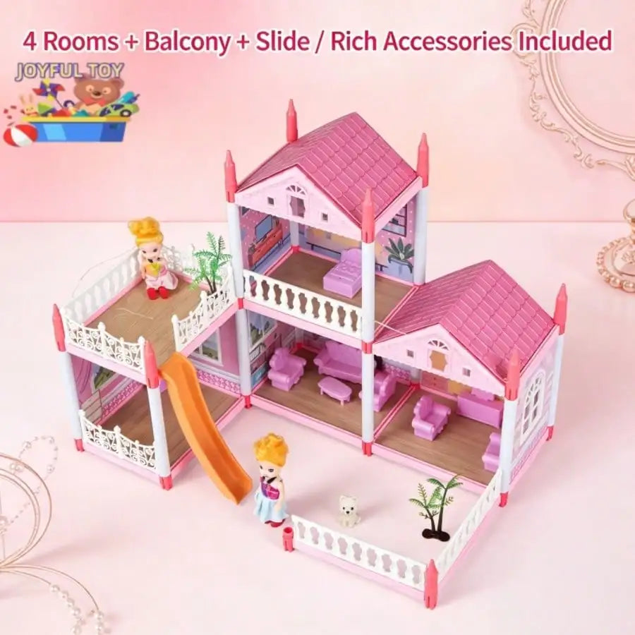 Children's Day Best Gift Princess Castle Dollhouse Playset, DIY Pink 4-Room House with Slide & Dolls, Creative Pretend Play Toy for Girls Ages 3-12