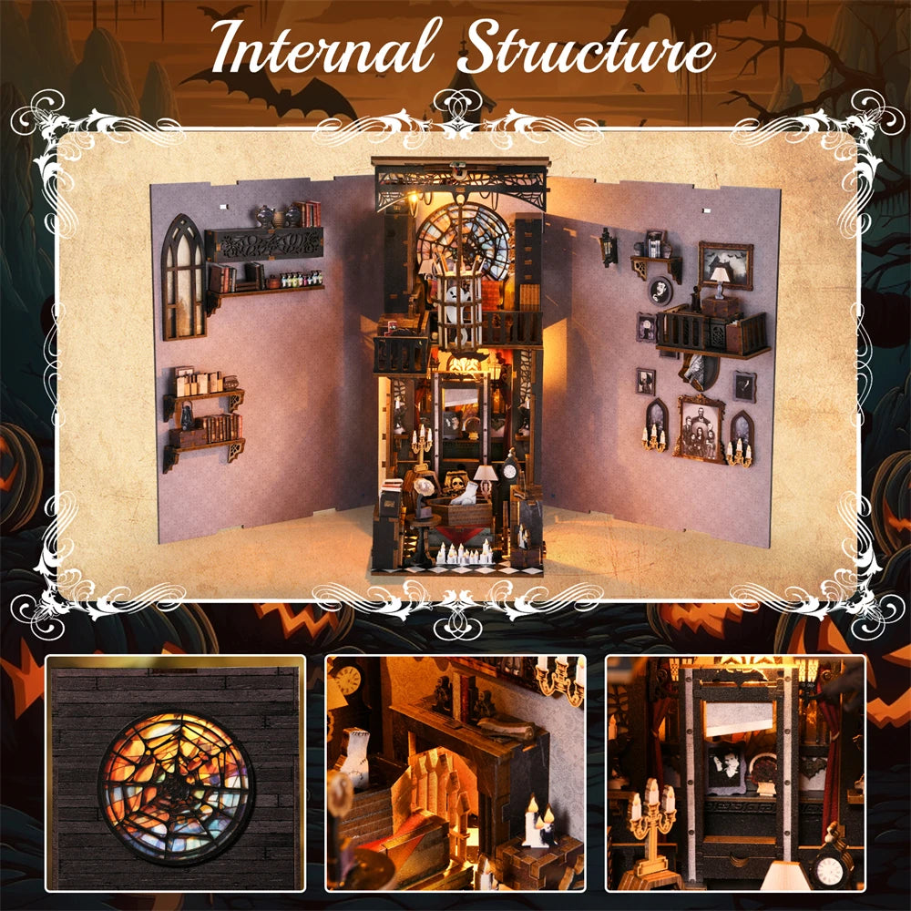 Robotime Book Nook Kit Dark Family Gothic Halloween DIY Wooden Puzzle Bookshelf Insert Decor Gift