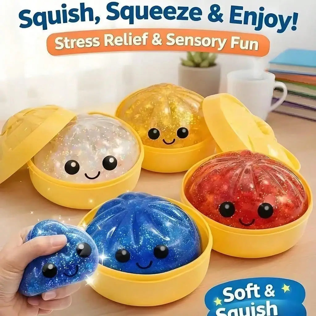 Glitter Filled Transparent Squeeze Bun, Soft Flexible Squishy Toy For Teens & Adults