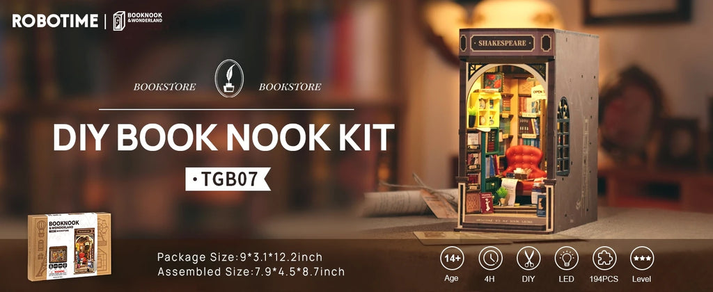 Robotime Book Nook Kit Bookstore TGB07 DIY Miniature Bookshelf Insert with Lights Gift Adults Kids