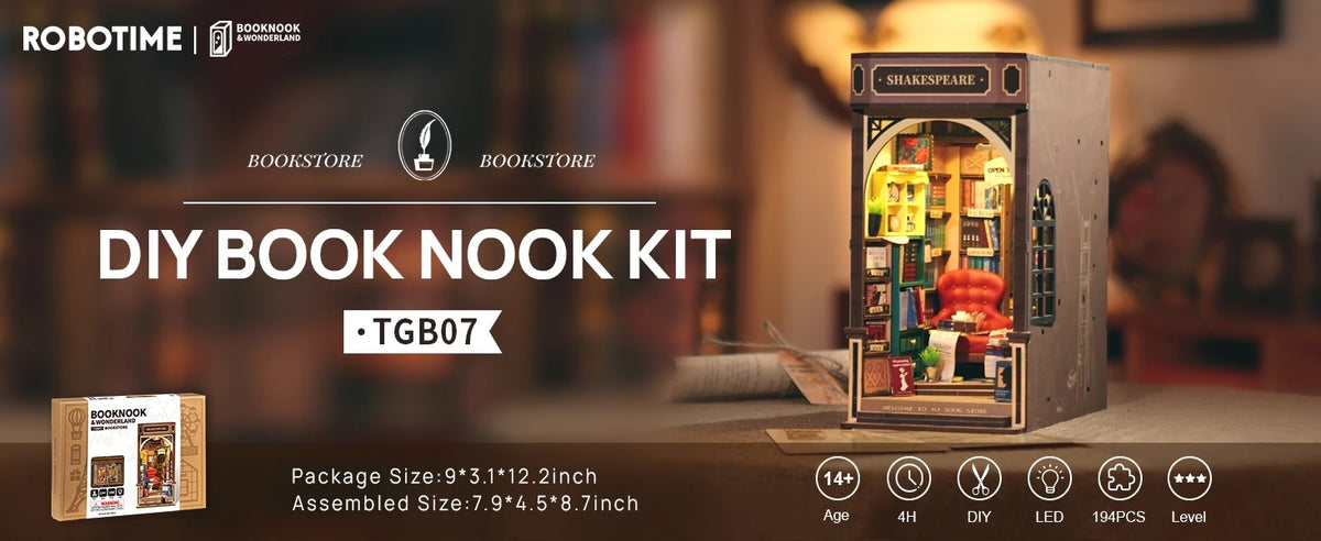Robotime Book Nook Kit Bookstore TGB07 DIY Miniature Bookshelf Insert with Lights Gift Adults Kids