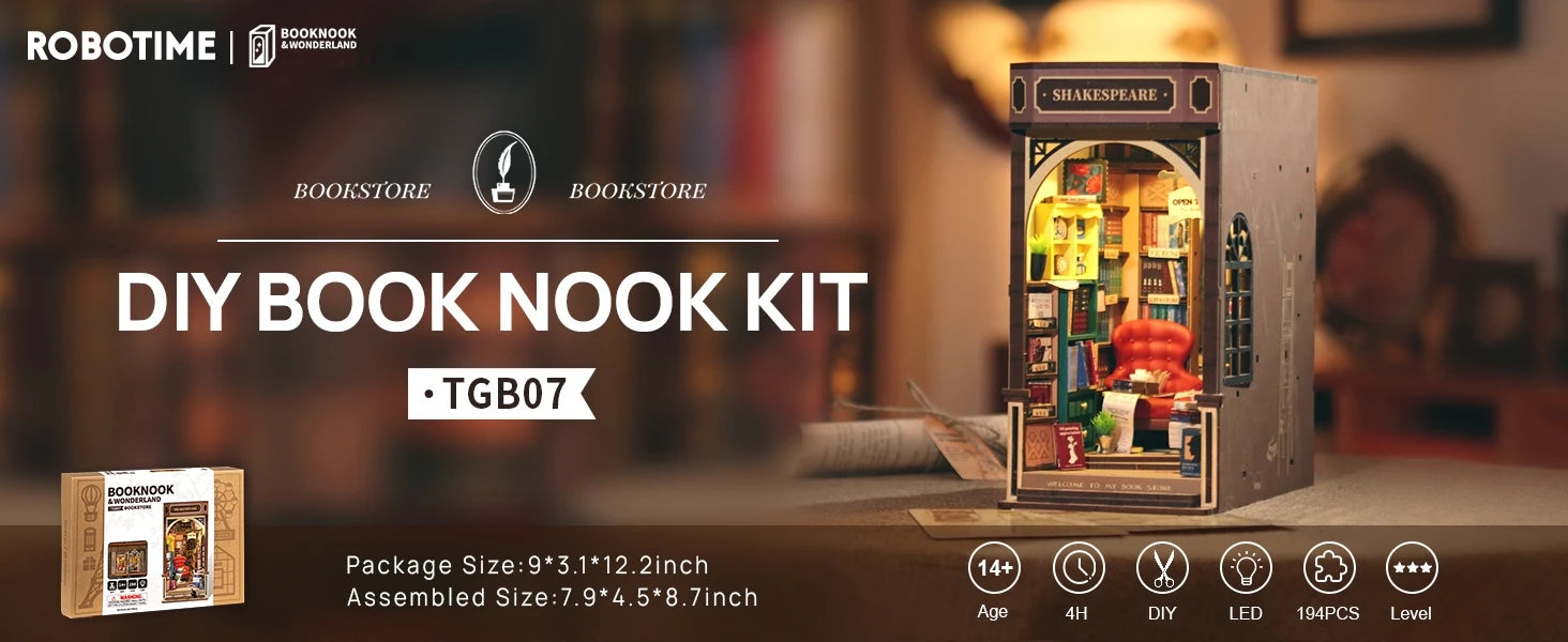 Robotime Book Nook Kit Bookstore TGB07 DIY Miniature Bookshelf Insert with Lights Gift Adults Kids