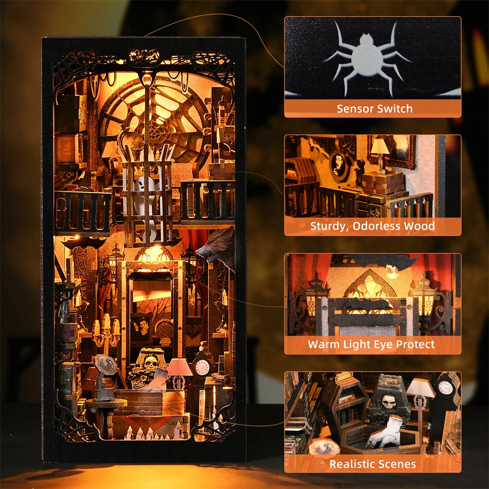 Robotime Book Nook Kit Dark Family Gothic Halloween DIY Wooden Puzzle Bookshelf Insert Decor Gift