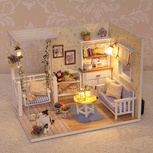 Kitten Mini Dollhouse 3D Puzzle Assembly Kit Creative Bedroom Decor with Furniture Wooden Craft Gift