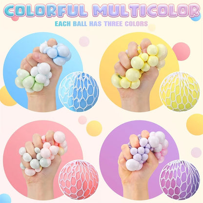Colorful Mesh Grape Squeeze Balls Rainbow Squishy Ball Sensory Stress Ball Fidget Toys for Stress Relief Office Birthday Gift