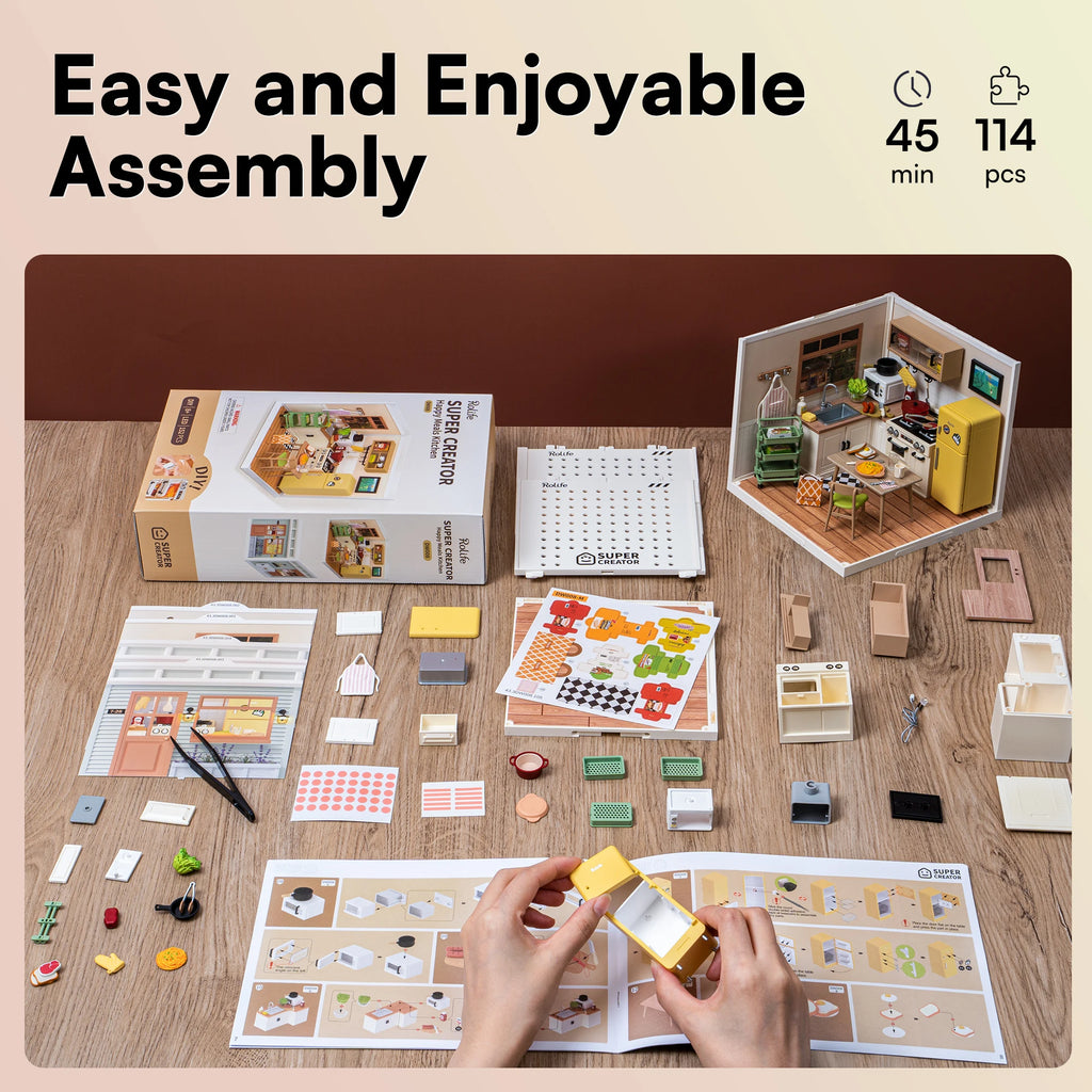 Robotime Rolife Happy Meals Kitchen DIY Miniature House Kit 3D Puzzle Building Blocks Gift Kids Adults