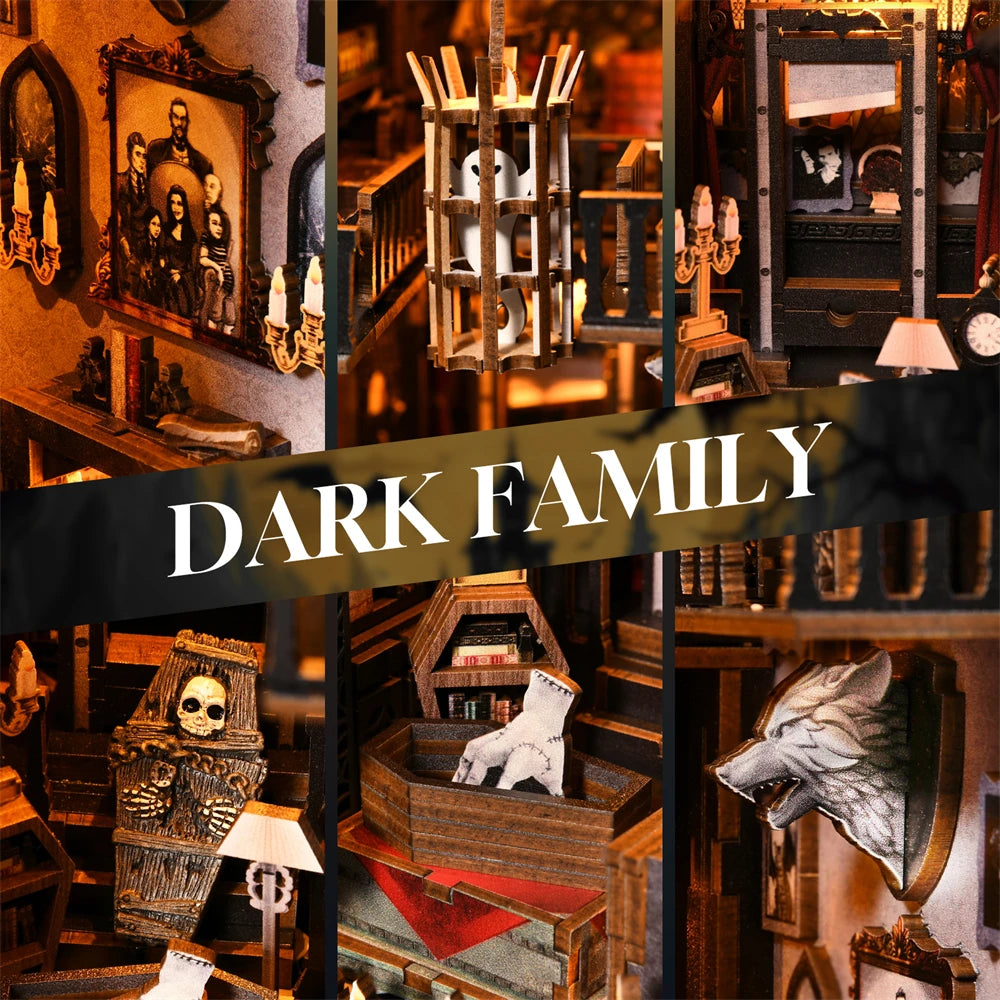Robotime Book Nook Kit Dark Family Gothic Halloween DIY Wooden Puzzle Bookshelf Insert Decor Gift
