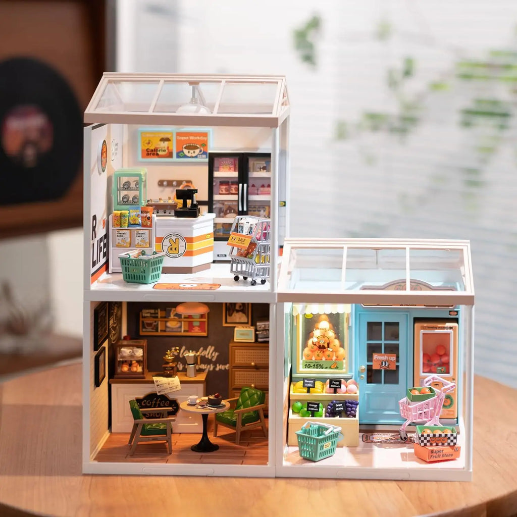 Robotime Mini Dollhouse Kit 1:20 Fruit Store Cafe with LED Lights DIY Gift for Teens Adults