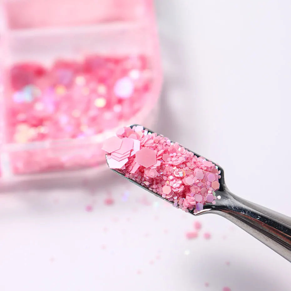 12Grid Pink Glitter Nail Powder Mixed Holographic Hexagon Irregular Flakes Sliced Sparkly Crystal Sequins Pigment Manicure Decor