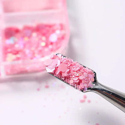12Grid Pink Glitter Nail Powder Mixed Holographic Hexagon Irregular Flakes Sliced Sparkly Crystal Sequins Pigment Manicure Decor