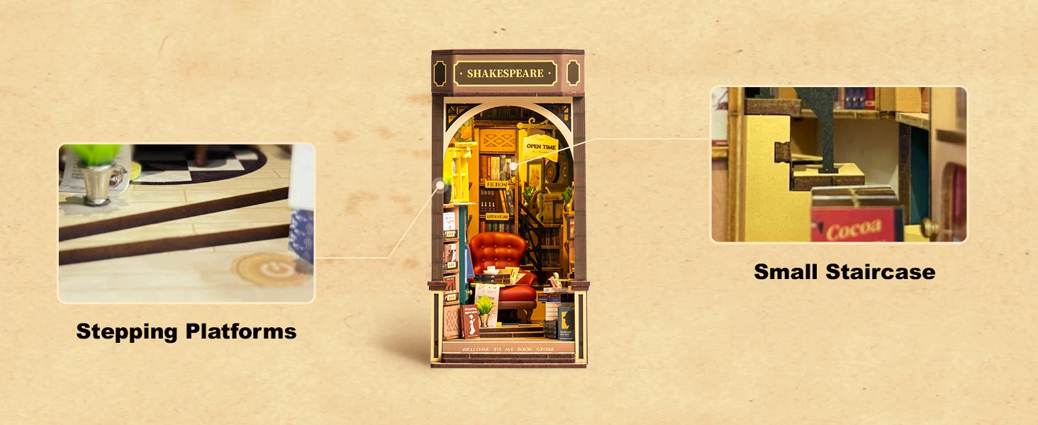 Robotime Book Nook Kit Bookstore TGB07 DIY Miniature Bookshelf Insert with Lights Gift Adults Kids