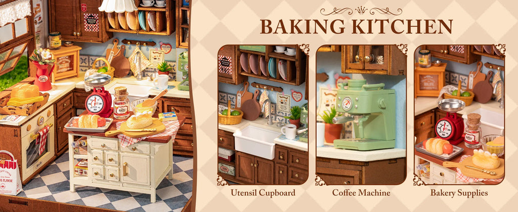 Robotime Rolife Baking Kitchen DIY Miniature Dollhouse Kit DG172 Gift for Women Girls Craft Hobby