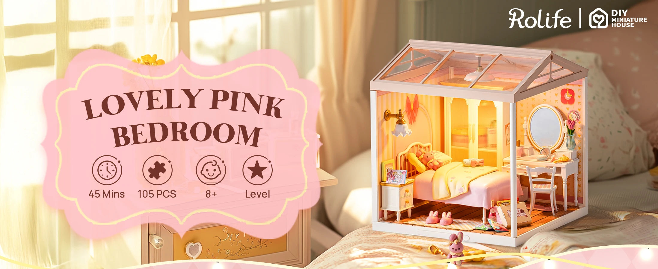 Robotime Rolife 3D Puzzle Lovely Pink Bedroom DIY Miniature House Kit Building Blocks Gift Girls Kids