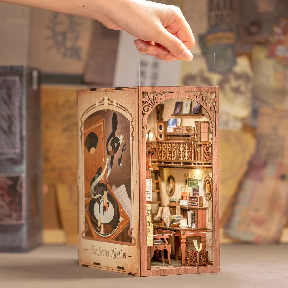 CUTEBEE Book Nook Kit Secret Rhythm DIY Miniature Dollhouse Bookshelf Insert Touch Light Dust Cover Gift