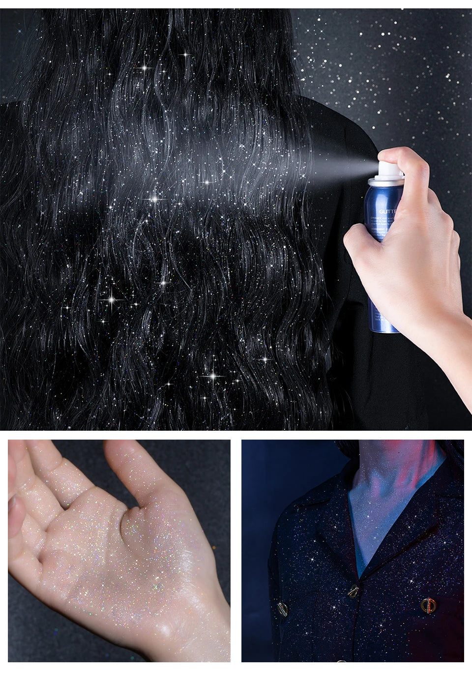 60ml Shiny Silver Glitter Spray High Gloss Glitter Powder Spray Waterproof Shiny Powder Makeup for Body Face Highlight Makeup