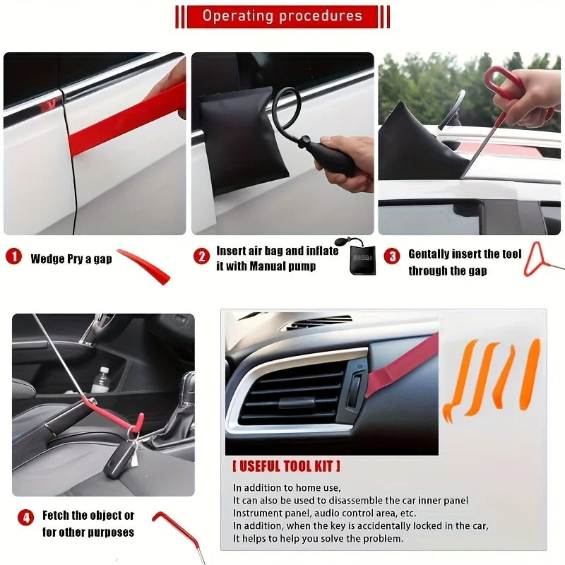 Car Door Tool Kit Inflatable Air Pump Auto Window Door Open Fixing Gripper Tools with Long Reach Kits & Carrying Bag