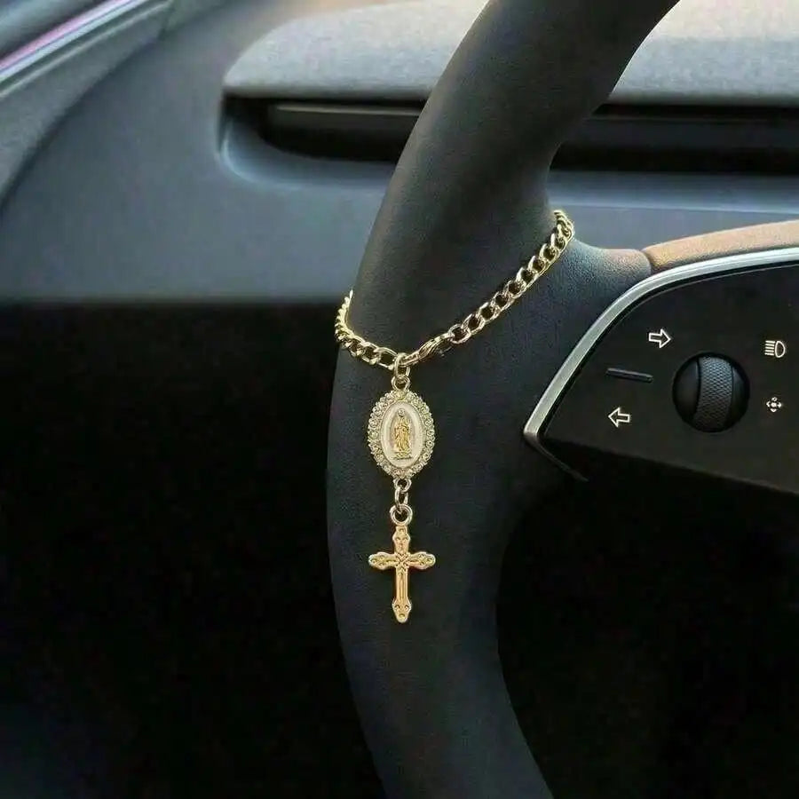 1pc Steering Wheel Decor, 15cm Adjustable Length, Minimalist, Cute, Creative Rosary Bead Car Pendant Accessory, Unique Fashion Car Hanging Decoration
