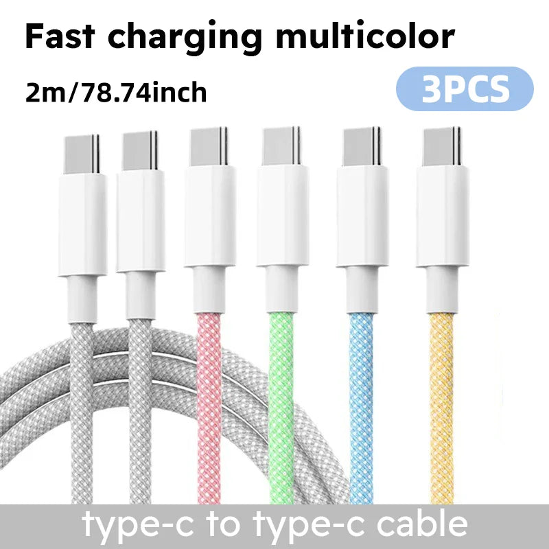 3PCS 6FT 60W Nylon Braided Fast Charge Cable Suitable For Type-C Interface Mobile Phone,laptops And All Kinds Of Tablets