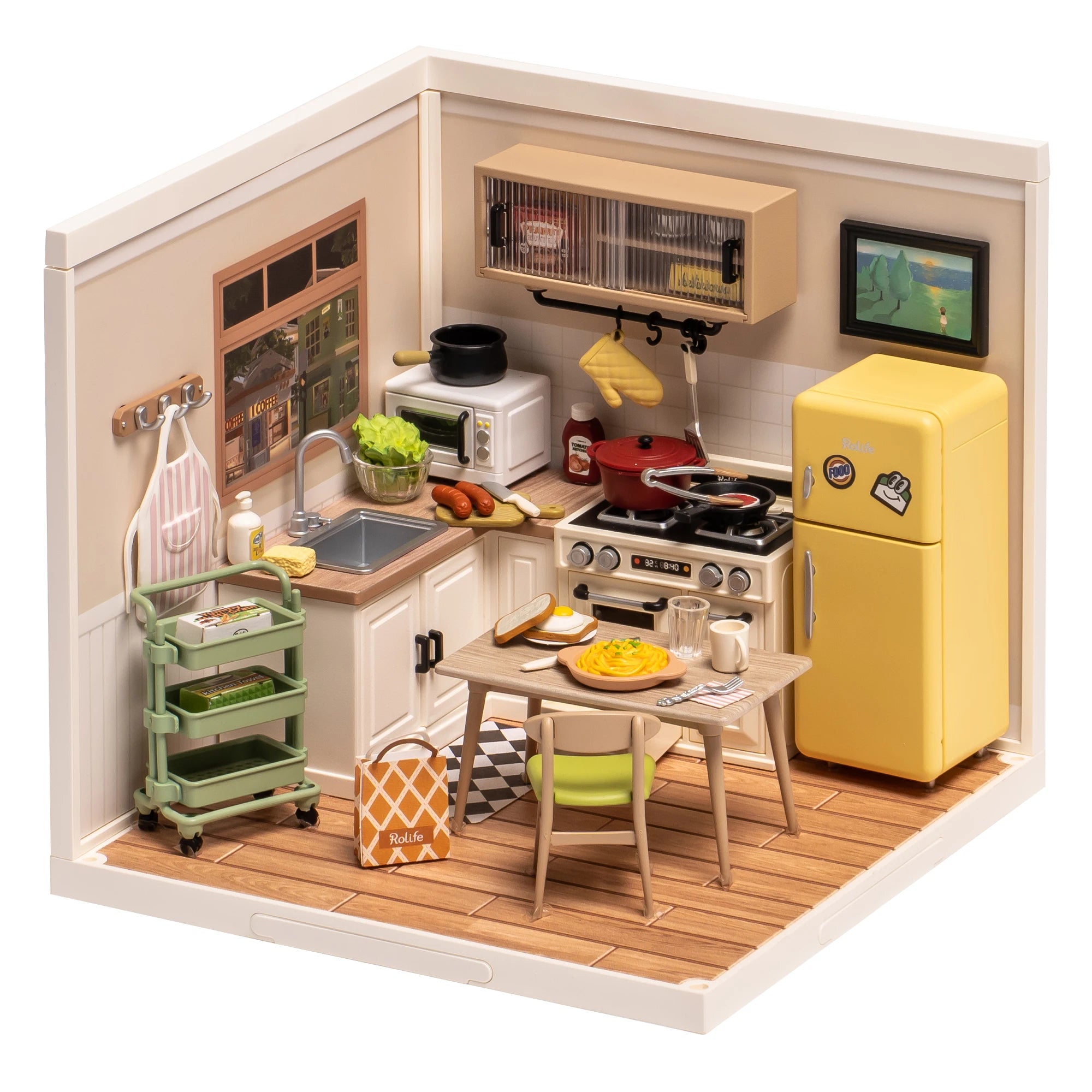 Robotime Rolife Happy Meals Kitchen DIY Miniature House Kit 3D Puzzle Building Blocks Gift Kids Adults