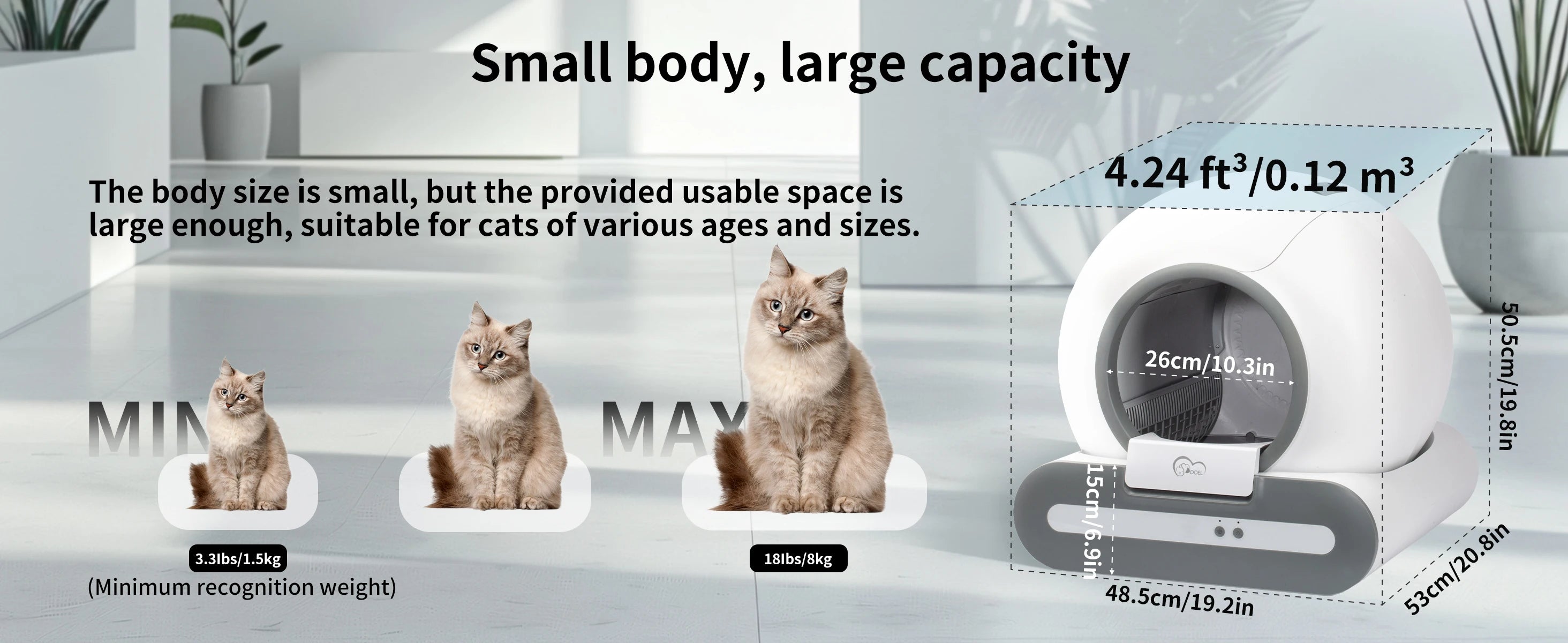 DOEL 65L Self-Cleaning Cat Litter Box App Control, ONLY Supports 2.4G WiFi w/Litter Mat&Trash Bags, Fit for Tofu & Mixed Litter