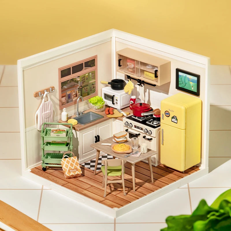 Robotime Rolife Happy Meals Kitchen DIY Miniature House Kit 3D Puzzle Building Blocks Gift Kids Adults
