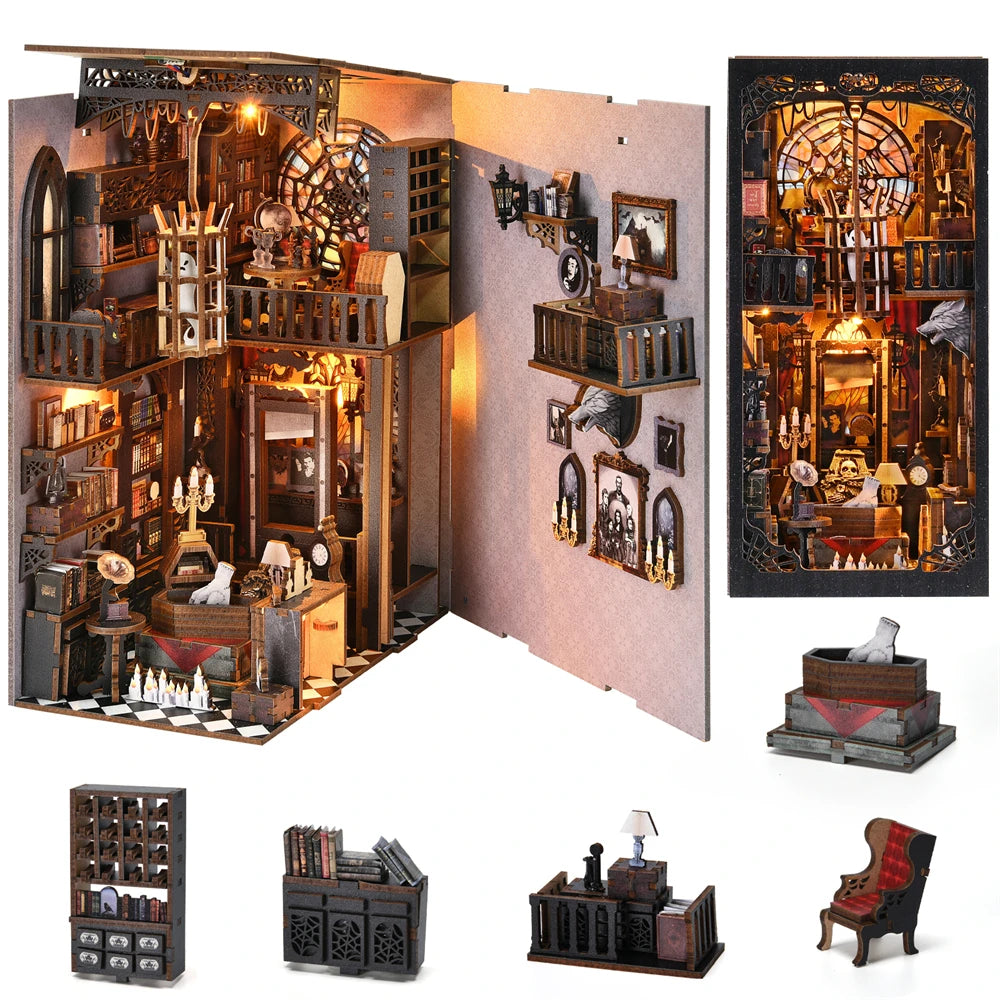 Robotime Book Nook Kit Dark Family Gothic Halloween DIY Wooden Puzzle Bookshelf Insert Decor Gift