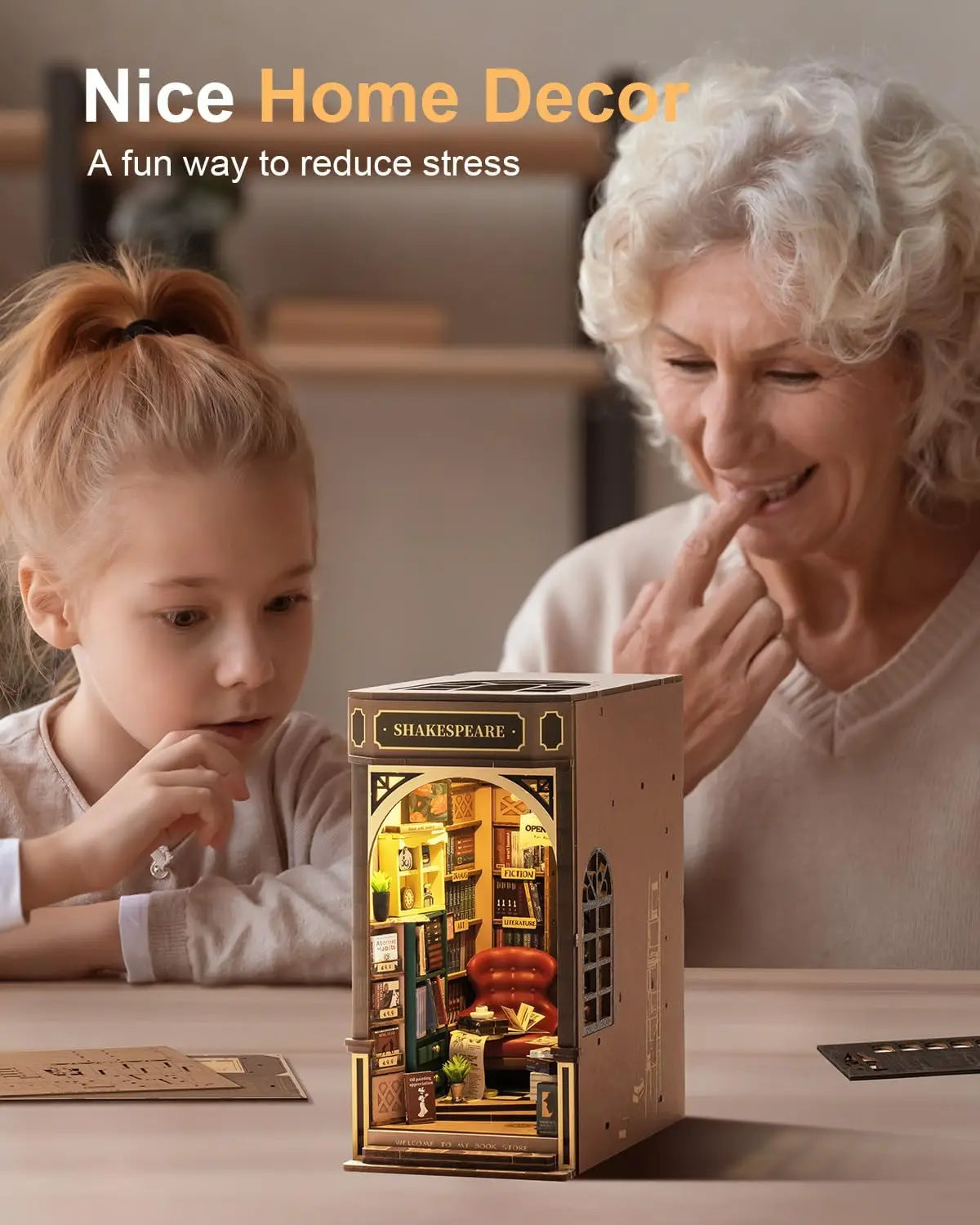 Robotime Book Nook Kit Bookstore TGB07 DIY Miniature Bookshelf Insert with Lights Gift Adults Kids