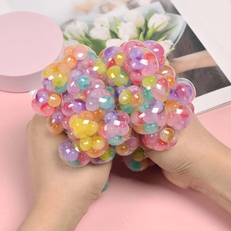 Squeeze Mesh Ball Toy Ball Stress Relief Fidget Toy Colorful Beads Inside Soft Squishy Ball For Adults Funny Decompression Toys