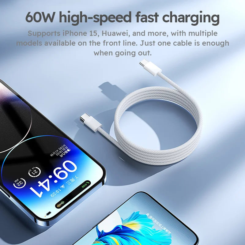 3PCS 6FT 60W Nylon Braided Fast Charge Cable Suitable For Type-C Interface Mobile Phone,laptops And All Kinds Of Tablets